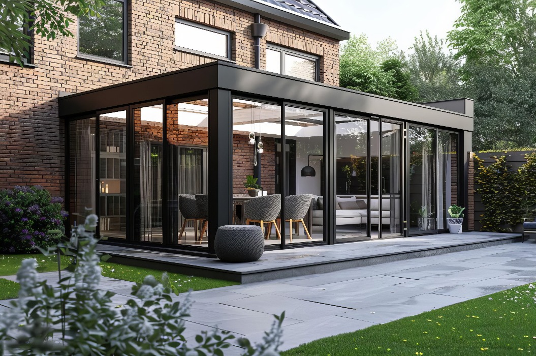 Moderner Wintergarten, der sich in den Garten mit einer gepflasterten Terrasse erstreckt 3d Rendering einer Hauserweiterung