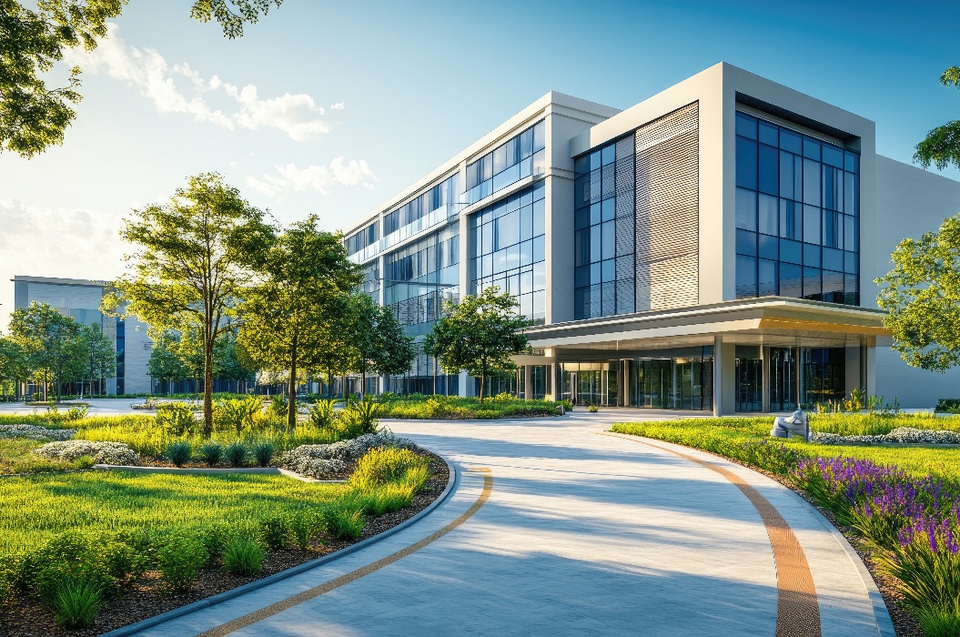 modernes Äußeres des Krankenhauses, schlichte Architektur mit Grünflächen, helles Mittagslicht, sauber und einladend